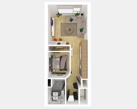 Floor plan for 1 bed, 1 bath, 657 sqft